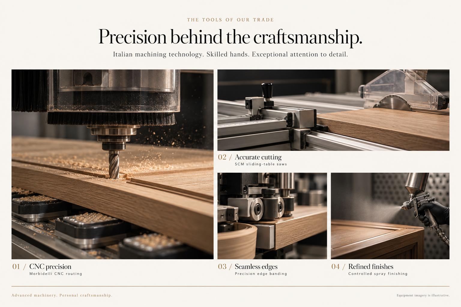 Illustrative CNC routing, sliding-table cutting, edge banding and spray finishing