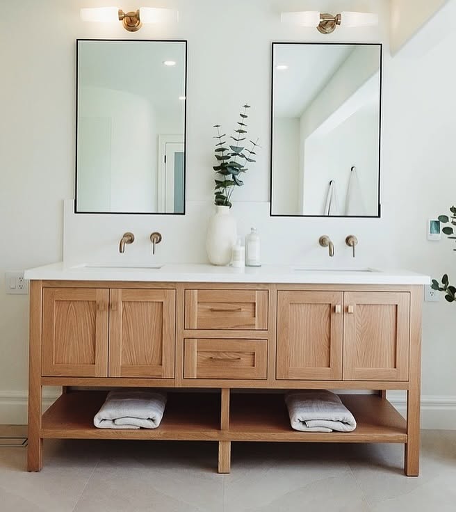 Natural wood double vanity by LG Woodworking
