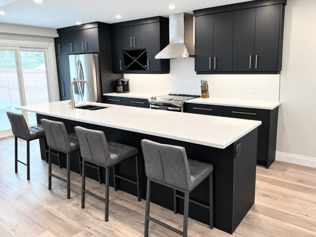 Retouched photograph of charcoal cabinetry and white island
