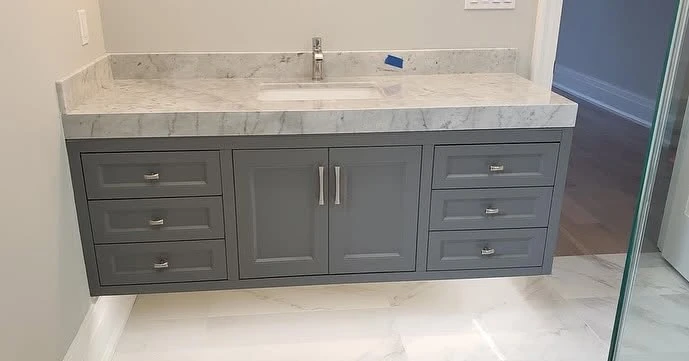 Floating grey double vanity by LG Woodworking