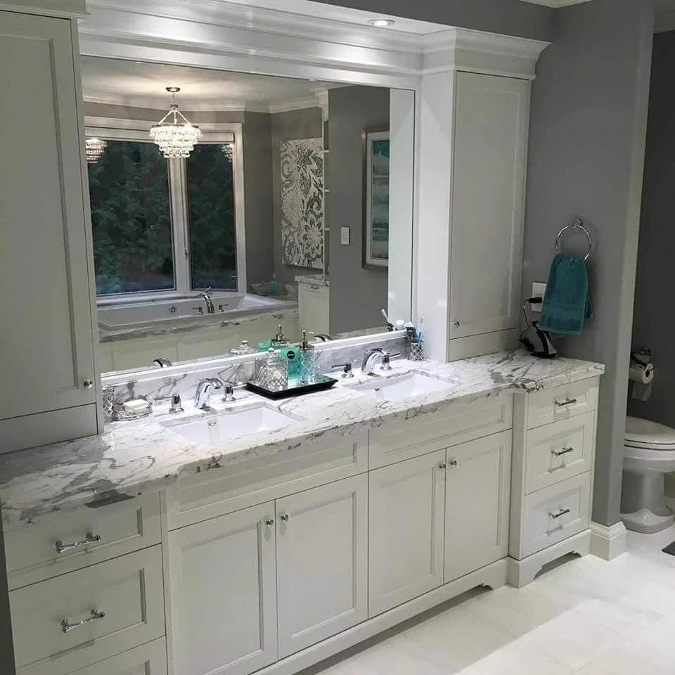 White vanity with panelled mirror surround by LG Woodworking